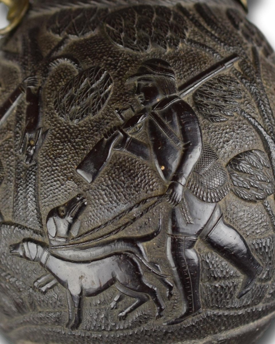 Coconut ‘bugbear’ Flask Carved With Hunting Scenes. French, Early 19th Century.-photo-3