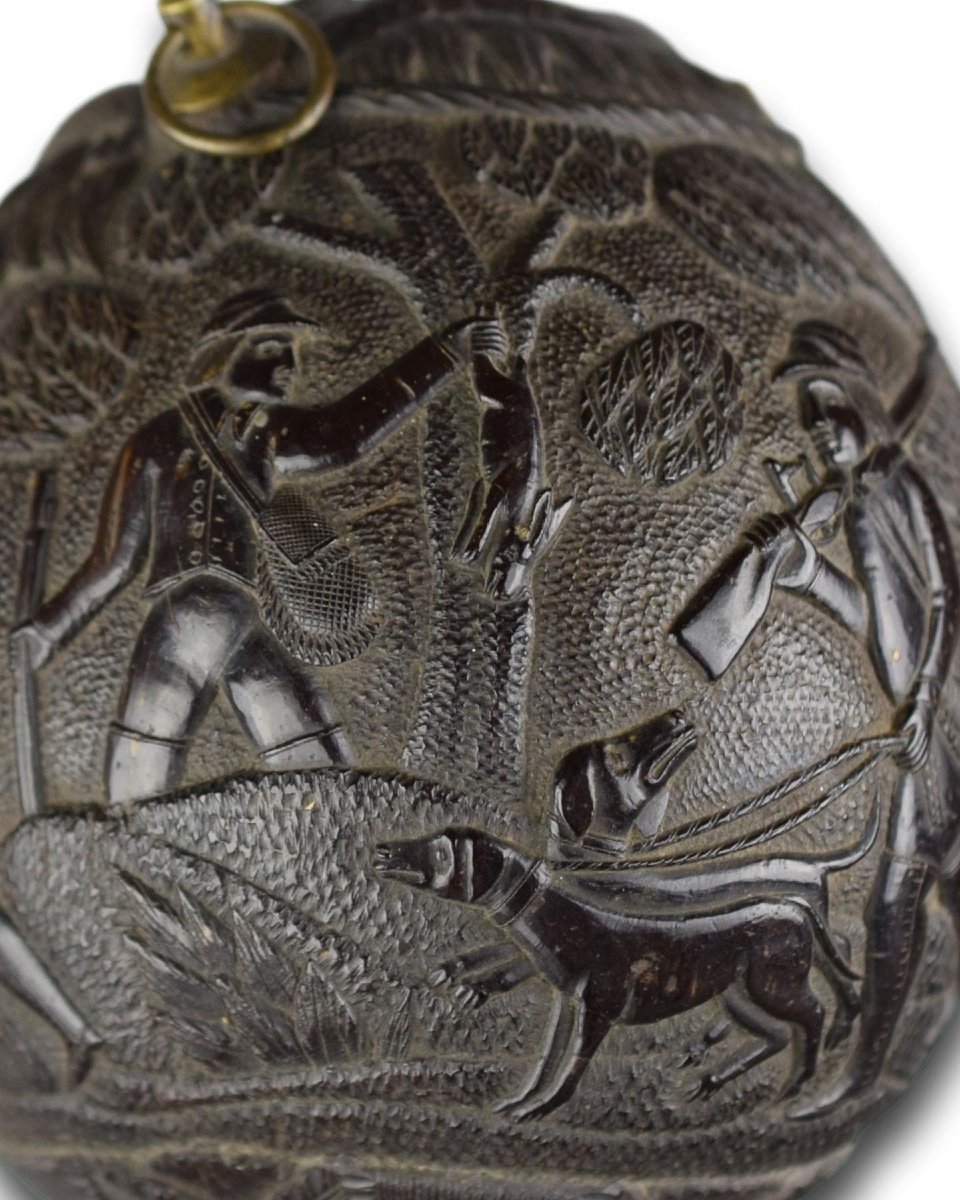 Coconut ‘bugbear’ Flask Carved With Hunting Scenes. French, Early 19th Century.-photo-4