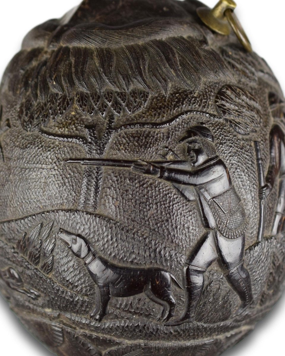 Coconut ‘bugbear’ Flask Carved With Hunting Scenes. French, Early 19th Century.-photo-7