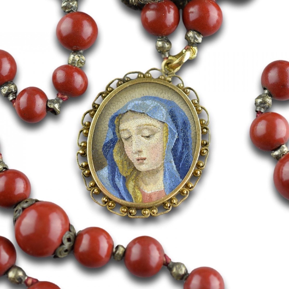 Italian Micromosaic And Purpurin Glass Rosary With Christ And The Virgin.-photo-2