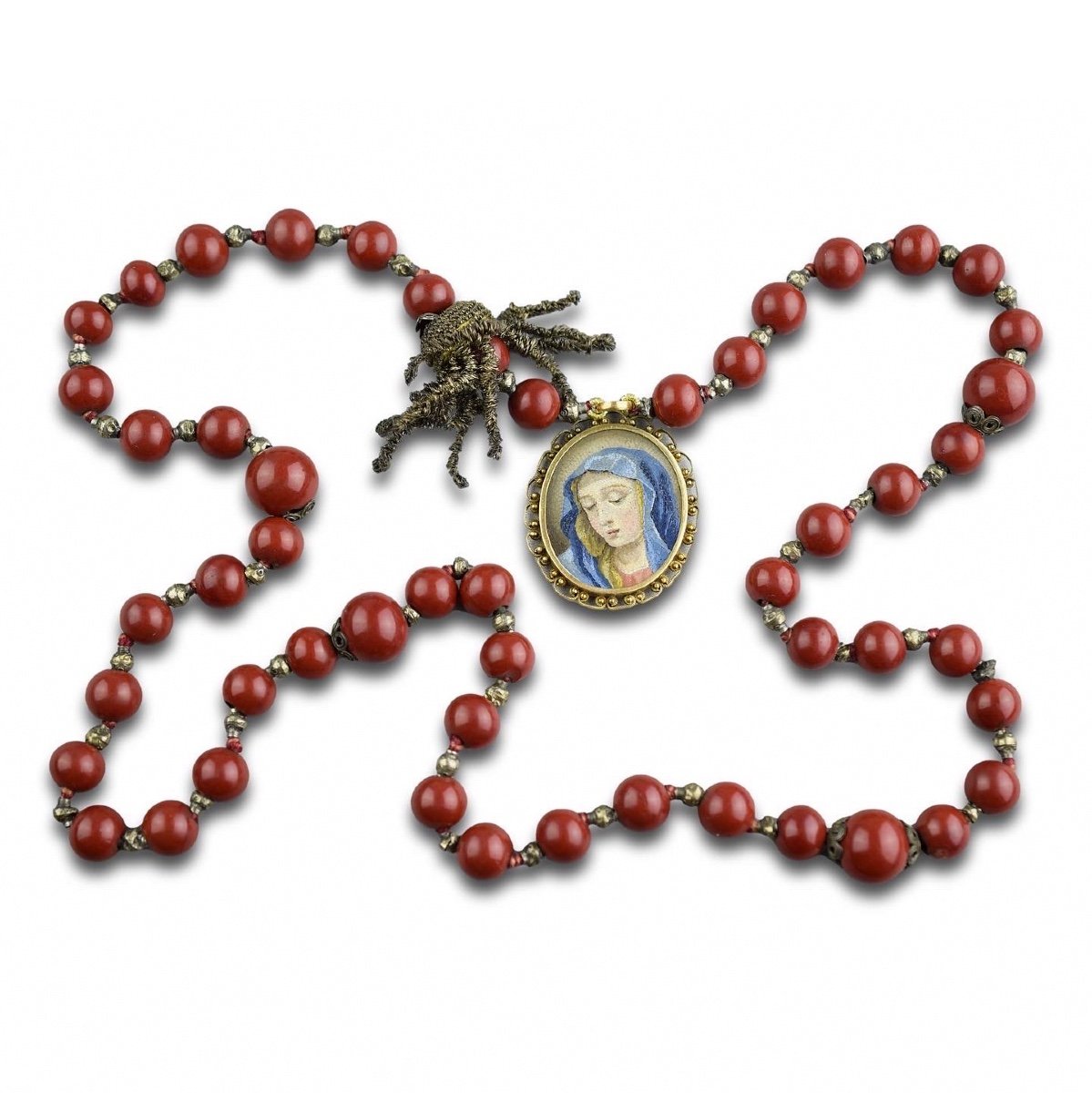 Italian Micromosaic And Purpurin Glass Rosary With Christ And The Virgin.-photo-3