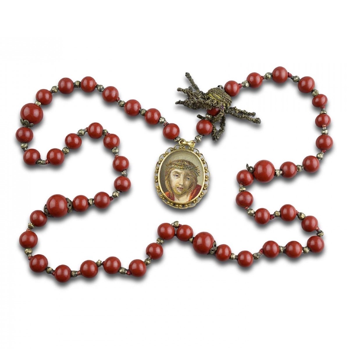 Italian Micromosaic And Purpurin Glass Rosary With Christ And The Virgin.-photo-4