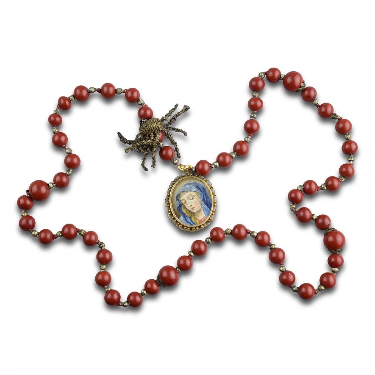 Italian Micromosaic And Purpurin Glass Rosary With Christ And The Virgin.-photo-1