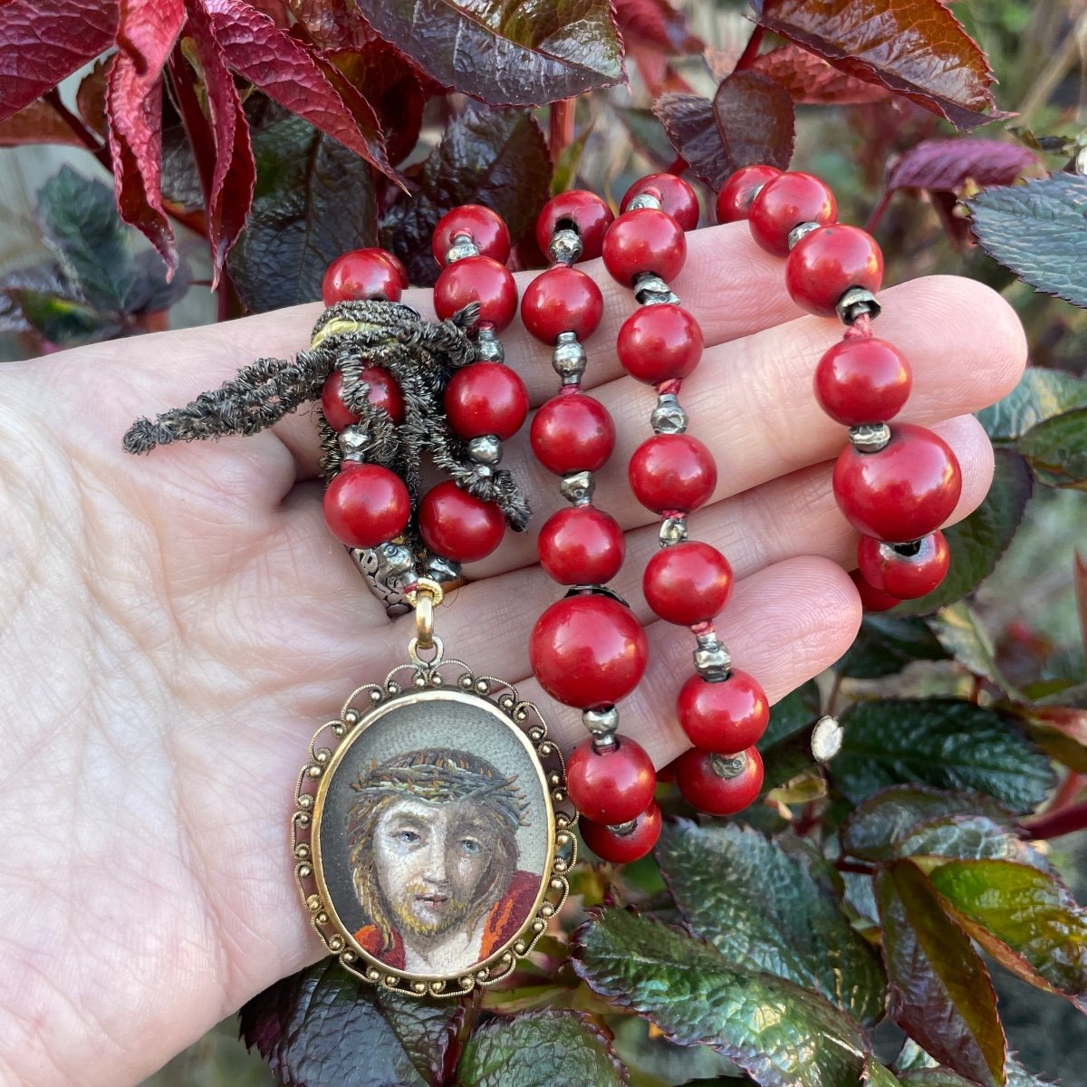 Italian Micromosaic And Purpurin Glass Rosary With Christ And The Virgin.-photo-7