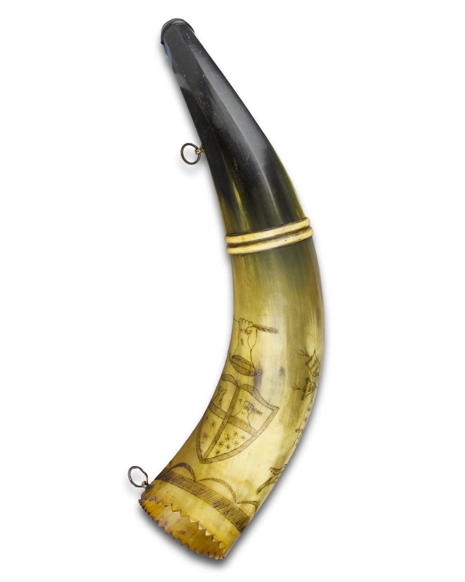 Engraved Cow Horn Powder Flask. Australian Colonial, 19th Century.-photo-6