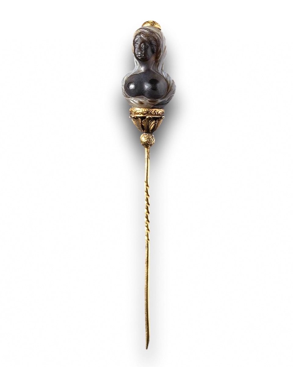 Gold Stick Pin With An Agate Sculpture Of A Female Bust. Italian, 17th Century.-photo-4