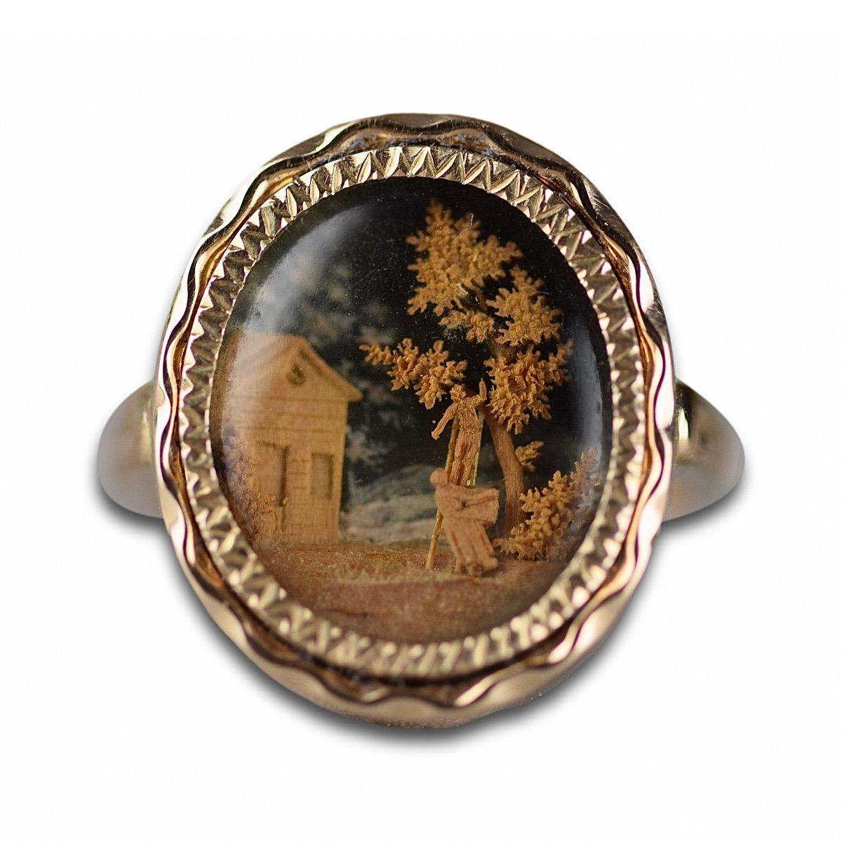 Remarkable Gold Ring Set With A Micro-wood Carving. French, Late 18th Century.-photo-3