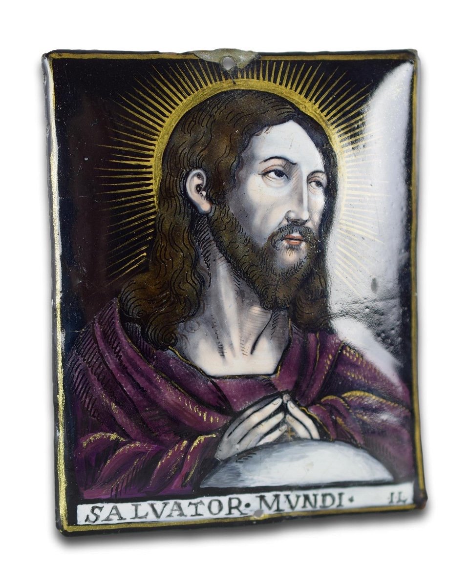 Limoges Enamel Plaque Of Salvator Mundi By Jacques Laudin. French, 17th Century-photo-2