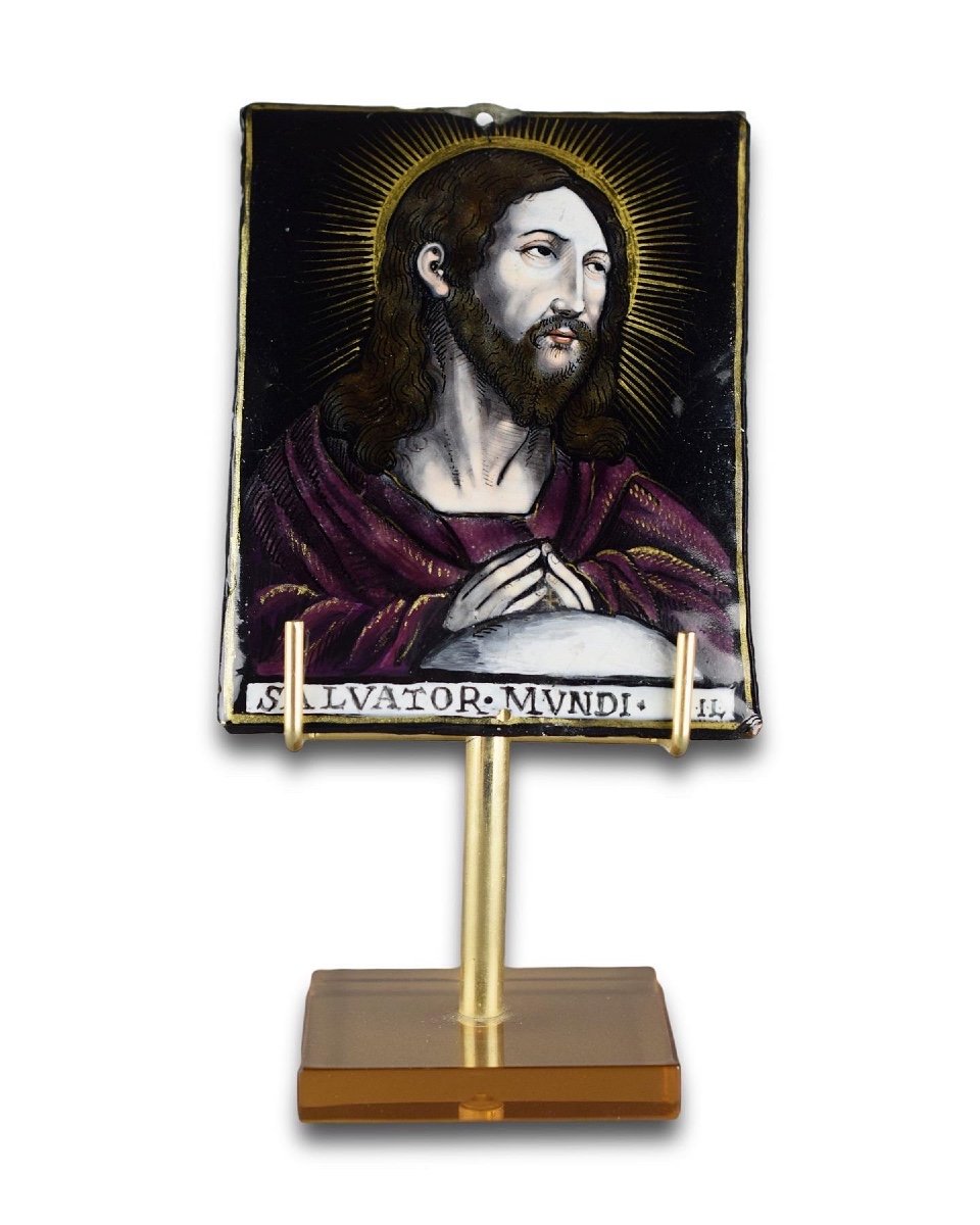 Limoges Enamel Plaque Of Salvator Mundi By Jacques Laudin. French, 17th Century-photo-2