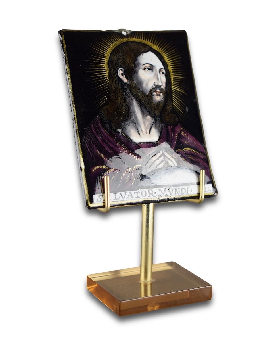 Limoges Enamel Plaque Of Salvator Mundi By Jacques Laudin. French, 17th Century-photo-3