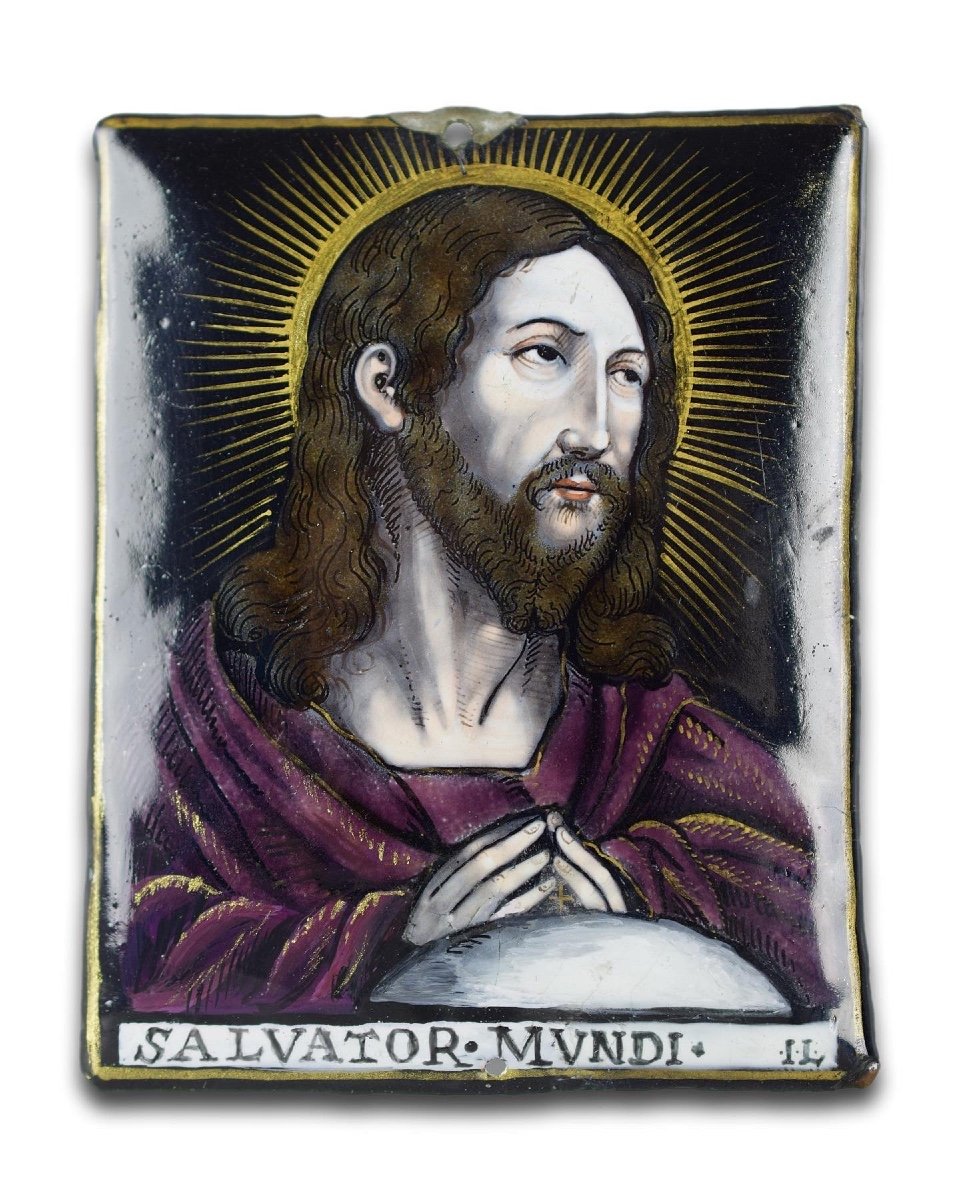 Limoges Enamel Plaque Of Salvator Mundi By Jacques Laudin. French, 17th Century