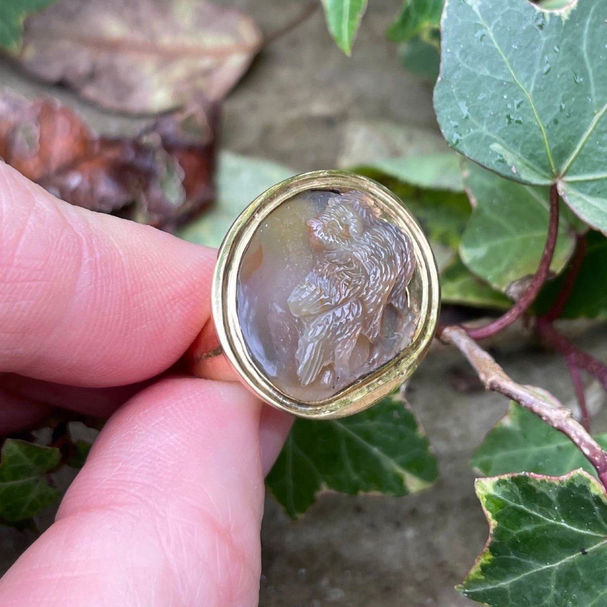 Bague En Or Sertie d'Un Camée En Agate Représentant Deux Chouettes. Italien, XVIIe Siècle. -photo-7