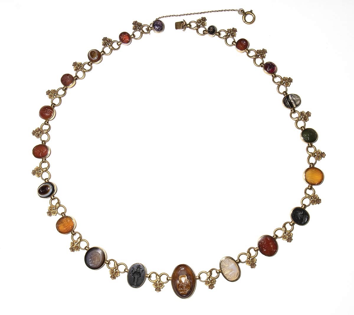 Classical Revival Gold Necklace With Roman Hardstone Intaglios And Cameos.