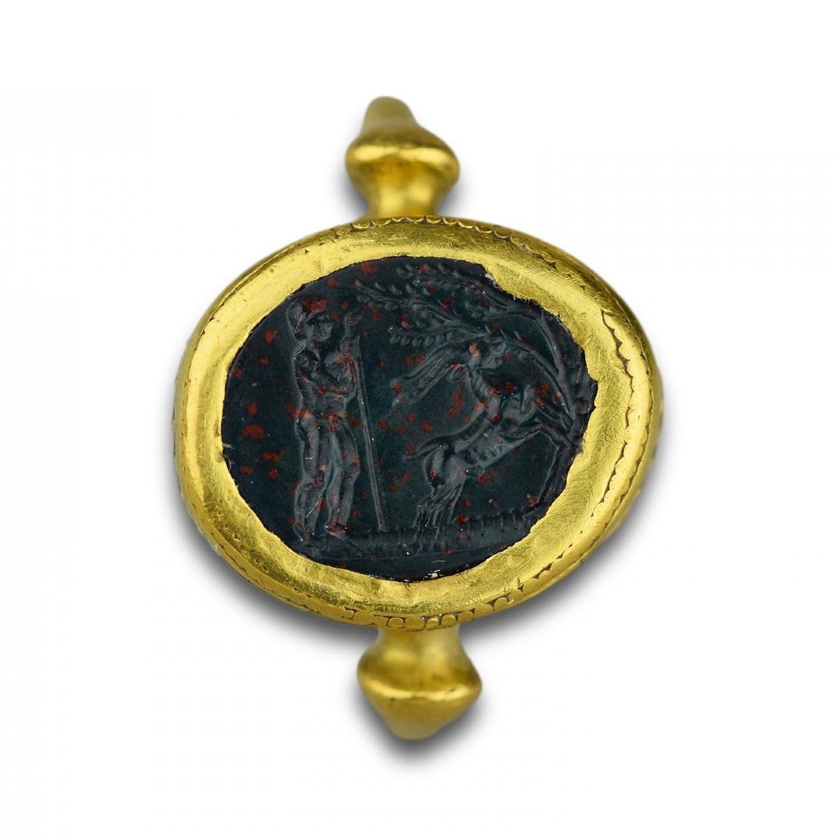 Ancient Gold Ring Set With A Bloodstone Intaglio, 1st Century Bc/ad.-photo-3