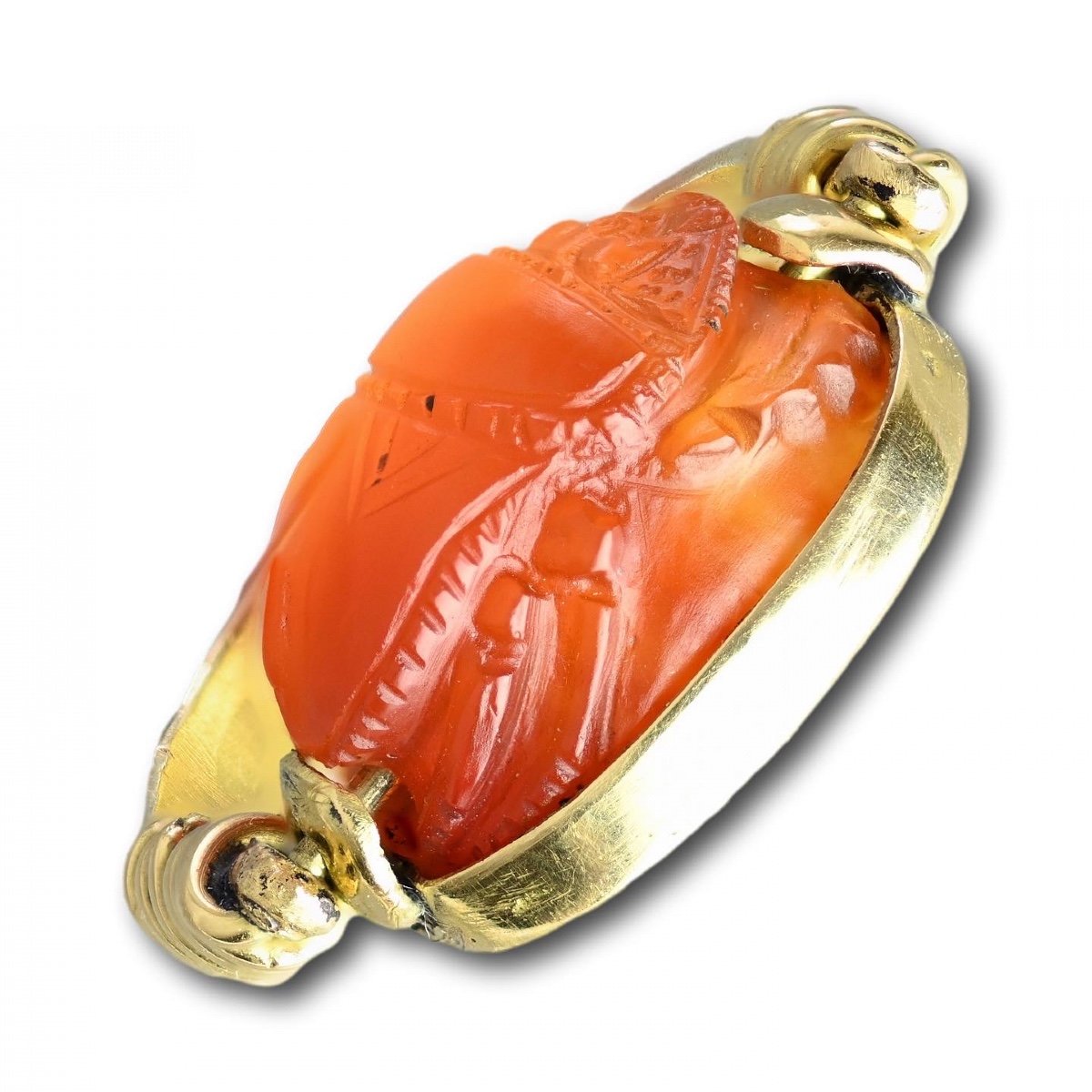 Gold Ring With An Etruscan Carnelian Scarab Of A Figure Carrying An Amphora.-photo-2