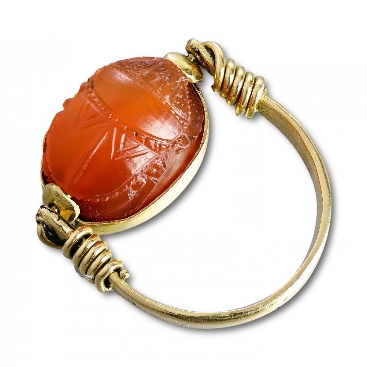 Gold Ring With An Etruscan Carnelian Scarab Of A Figure Carrying An Amphora.-photo-4