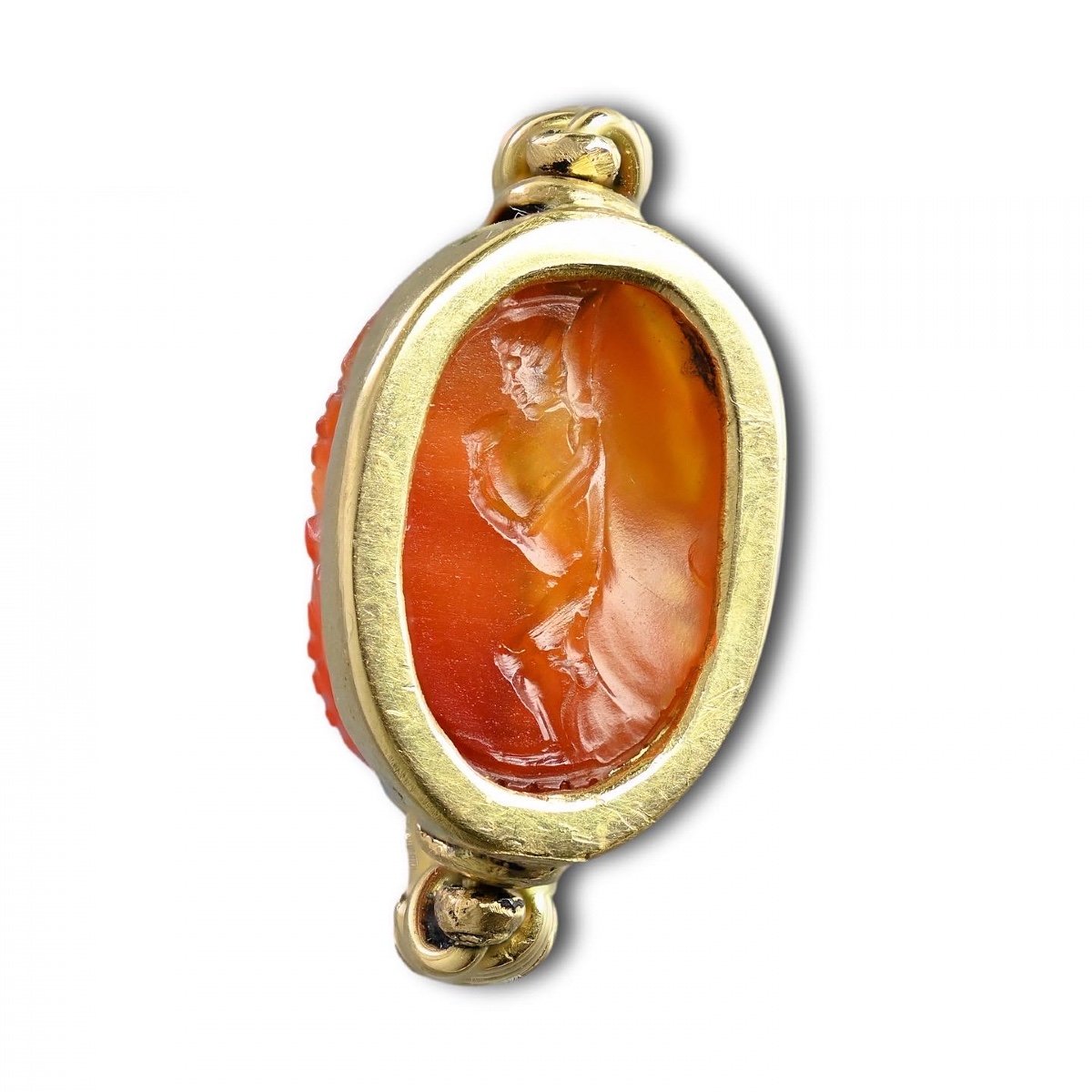 Gold Ring With An Etruscan Carnelian Scarab Of A Figure Carrying An Amphora.-photo-2