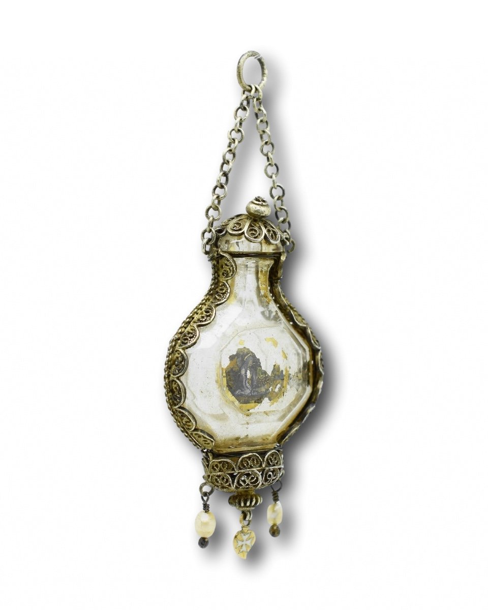 Silver Gilt Filigree Mounted Rock Crystal Flask Pendant. Spanish, 17th Century.-photo-2