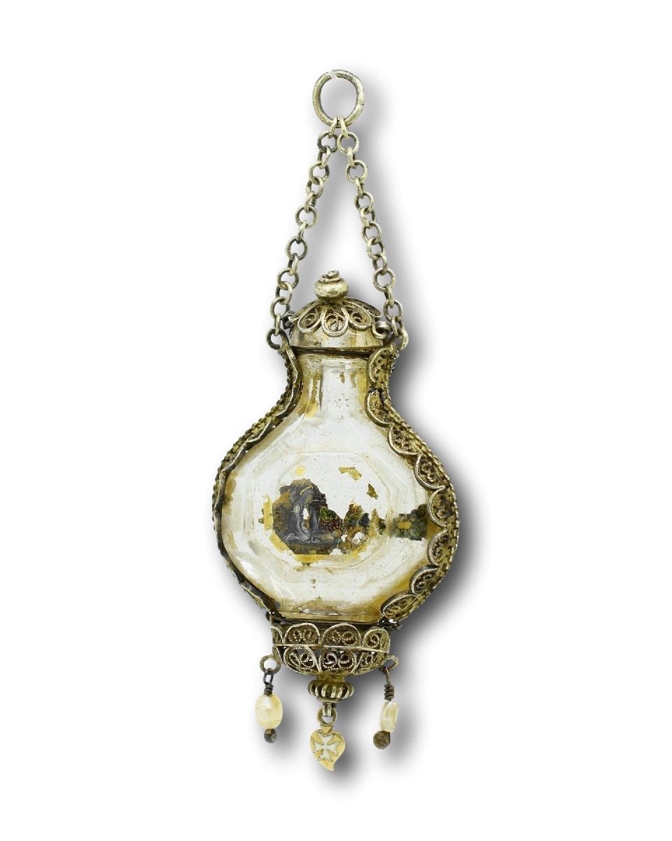 Silver Gilt Filigree Mounted Rock Crystal Flask Pendant. Spanish, 17th Century.-photo-3