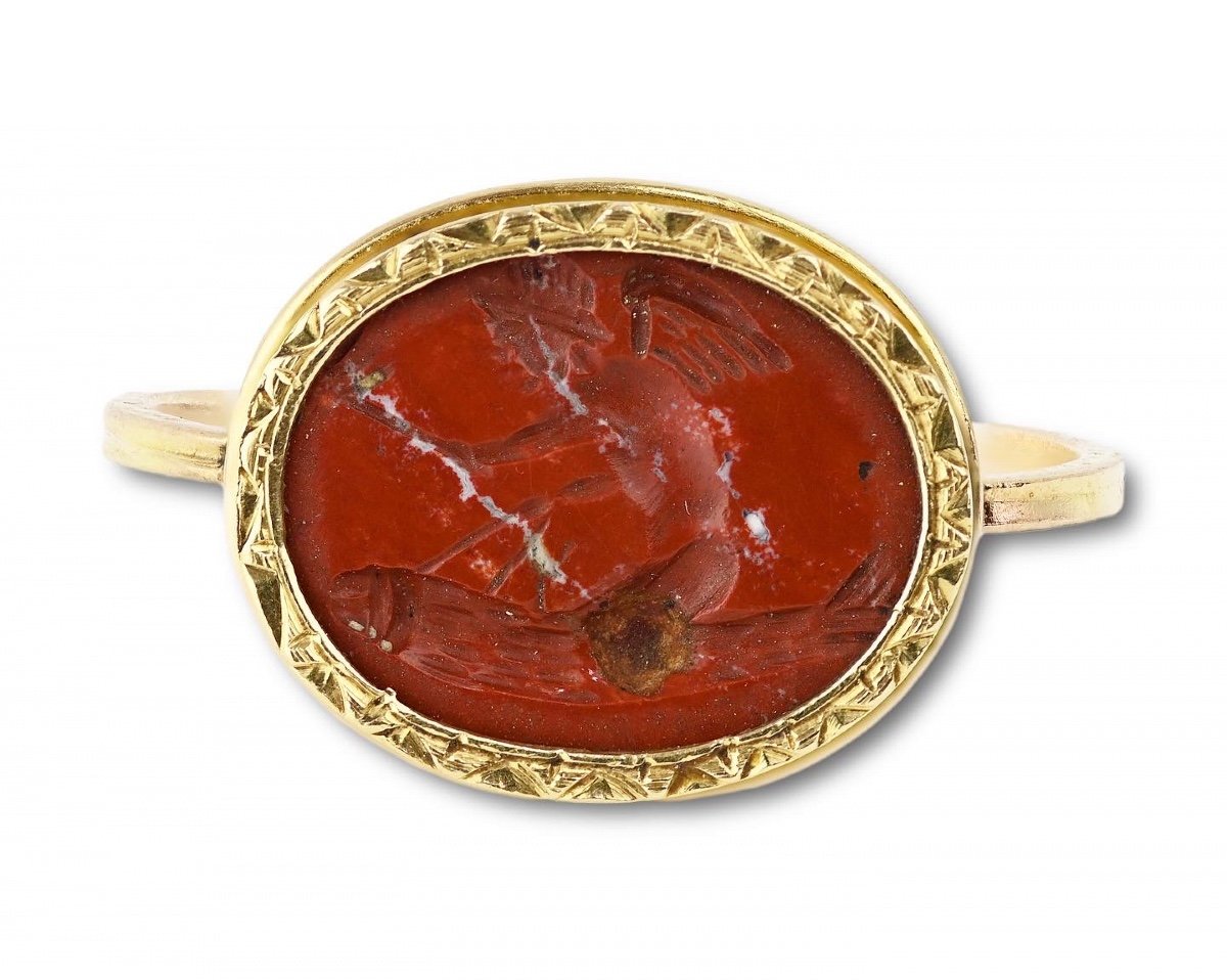 Proantic: Gold Ring With A Rare Ancient Jasper Intaglio Of Eros Riding