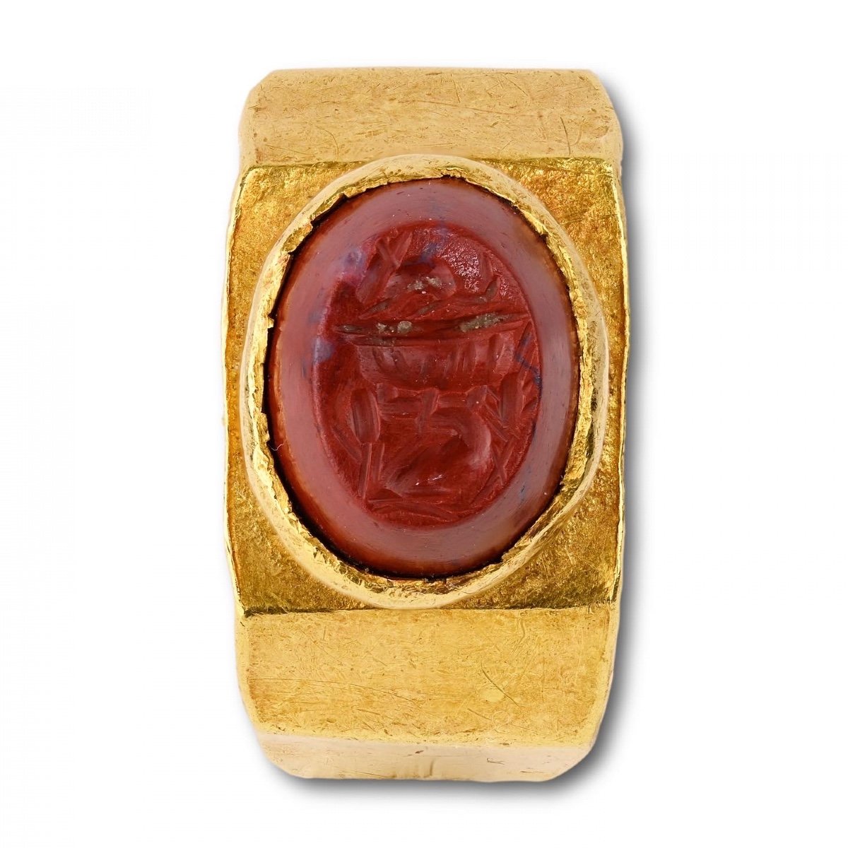 Gold Ring With A Carnelian Intaglio Of Zeus-serapis. Roman, 1st - 2nd Century Ad-photo-4