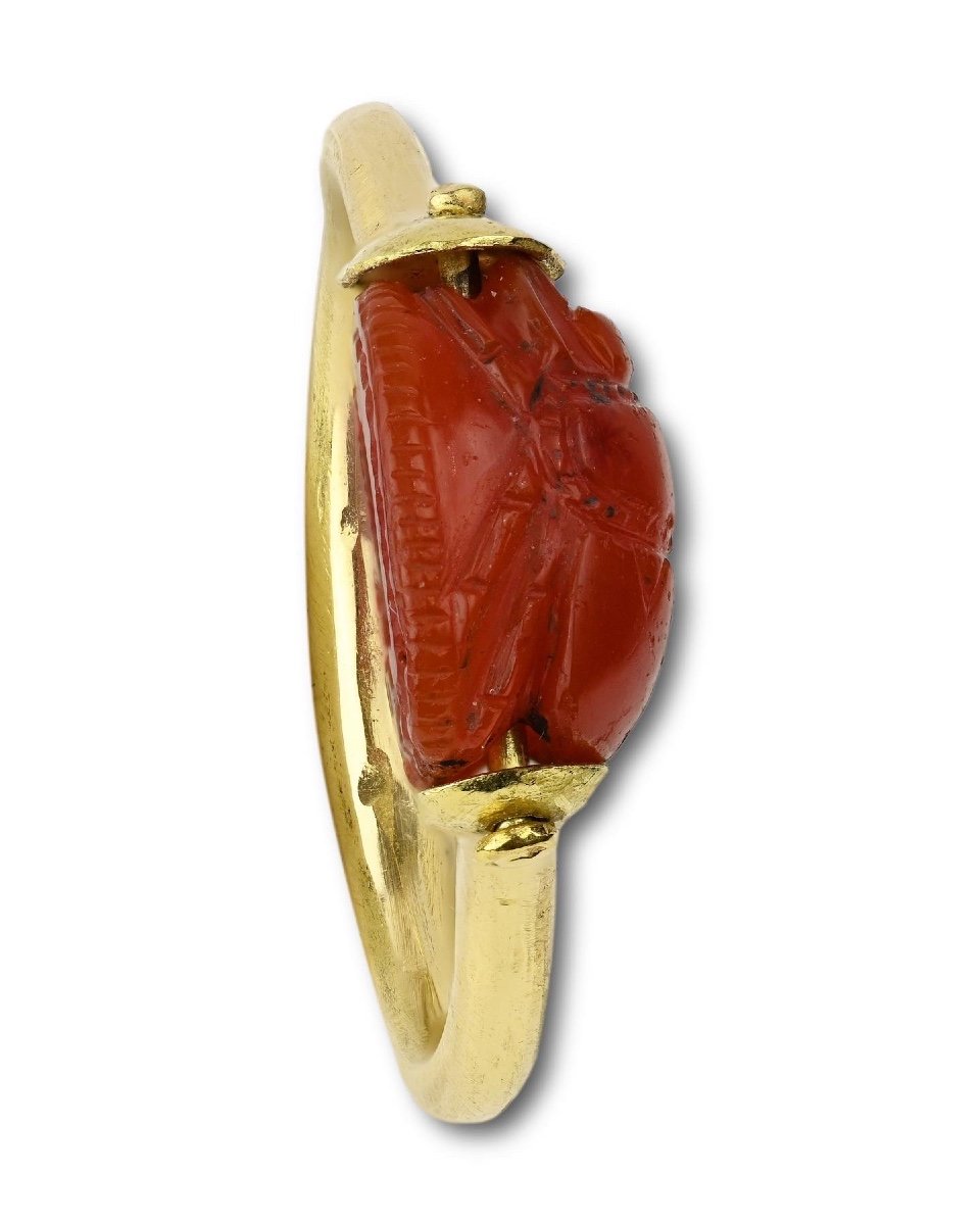 Gold Ring With An Ancient Carnelian Scarab. Etruscan, 4th - 5th Century Bc.-photo-7