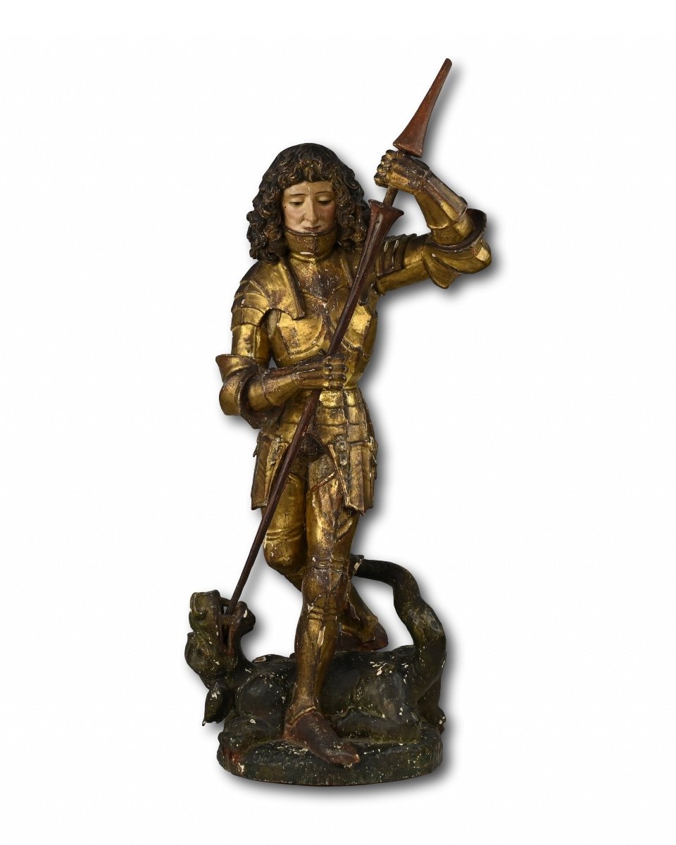 Polychromed Sculpture Of Saint George And The Dragon. South German, 15th Century