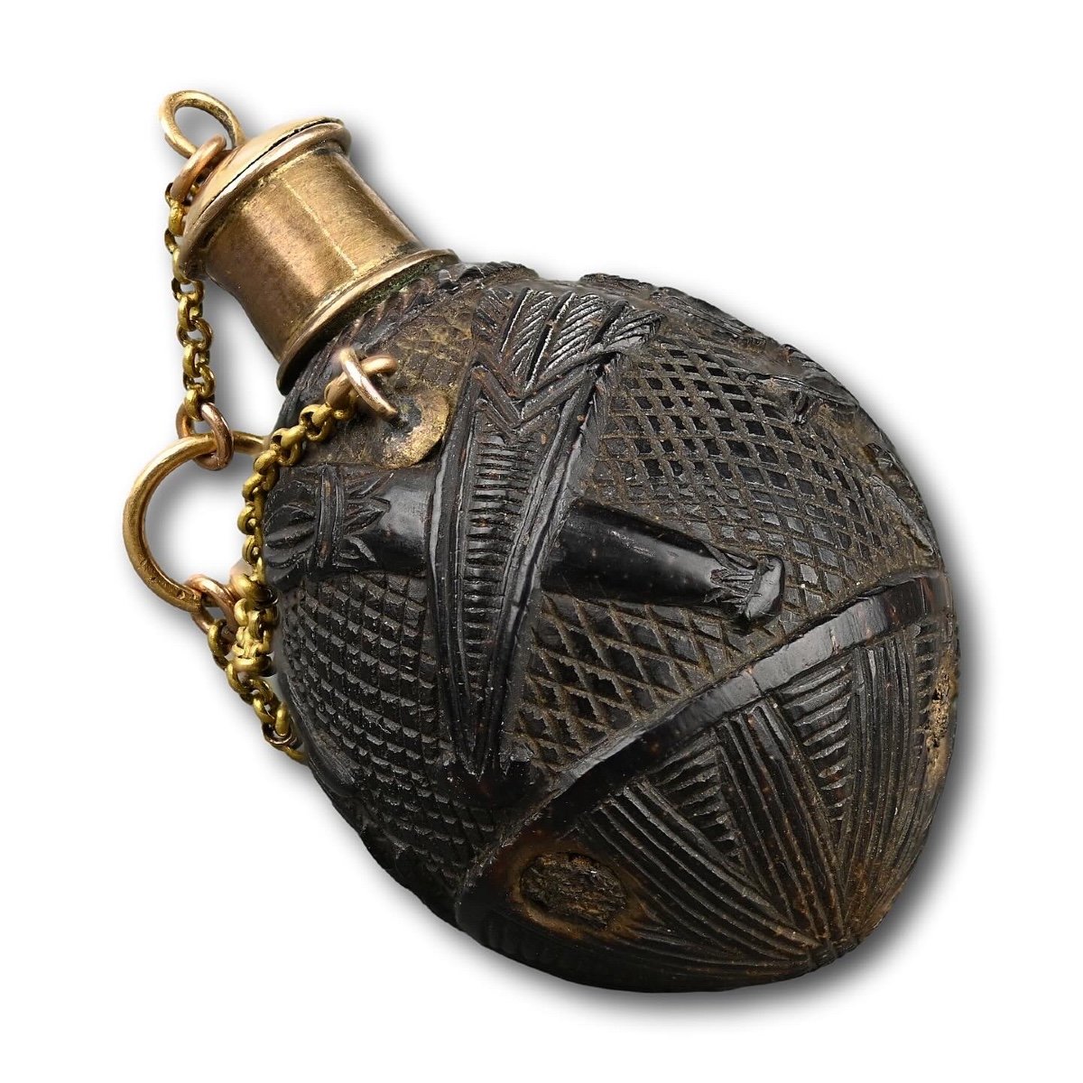 Miniature Gold Coconut Flask With Allegories Of Love. French, 19th Century.-photo-1