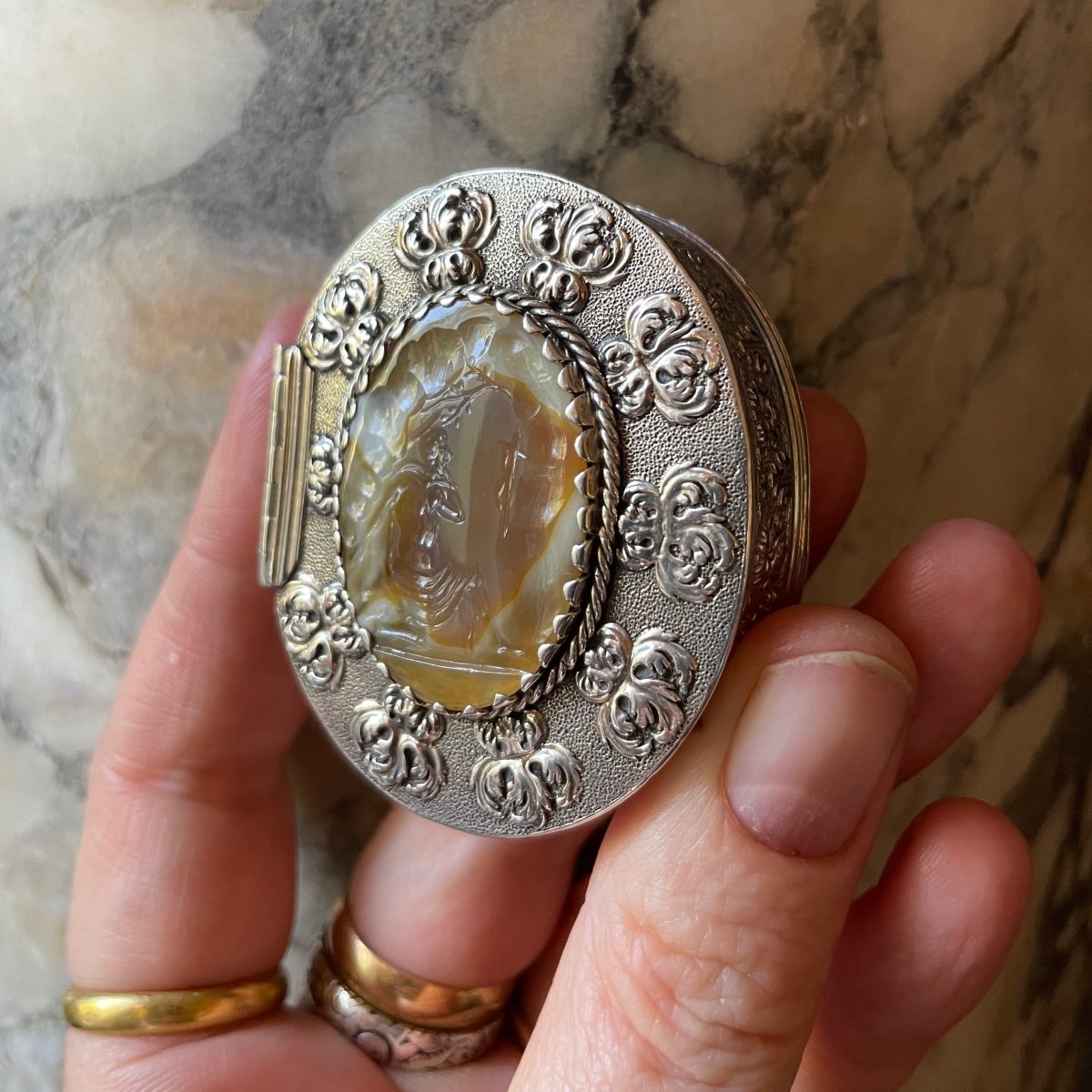 Tabatière En Argent Avec Une Intaille En Agate De Saint Jérôme. Anglais, XVIIe Siècle.  -photo-2