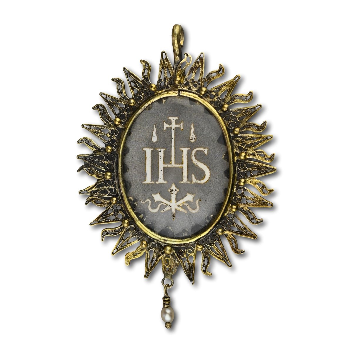 Silver Gilt Pendant With An Enamelled Glass ’ihs’. Spanish, Mid 17th Century.-photo-2