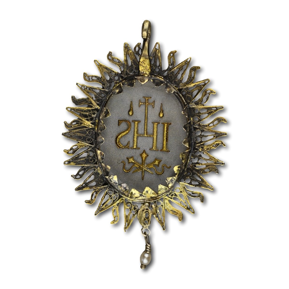 Silver Gilt Pendant With An Enamelled Glass ’ihs’. Spanish, Mid 17th Century.-photo-3