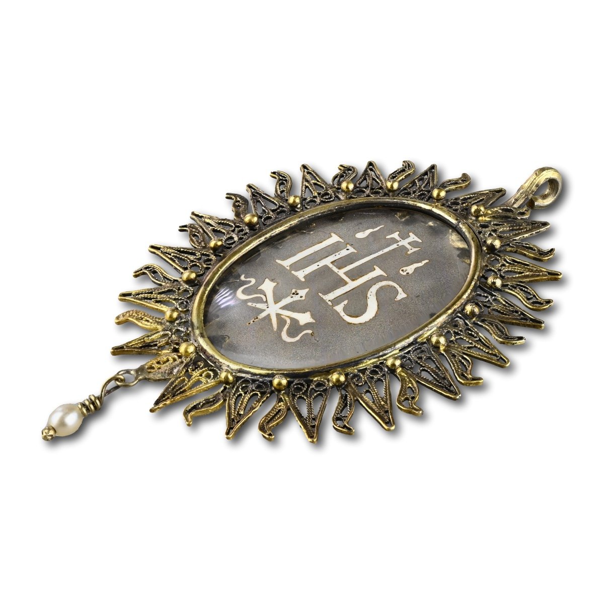 Silver Gilt Pendant With An Enamelled Glass ’ihs’. Spanish, Mid 17th Century.-photo-4