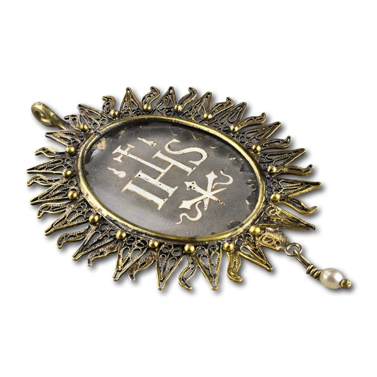 Silver Gilt Pendant With An Enamelled Glass ’ihs’. Spanish, Mid 17th Century.-photo-1