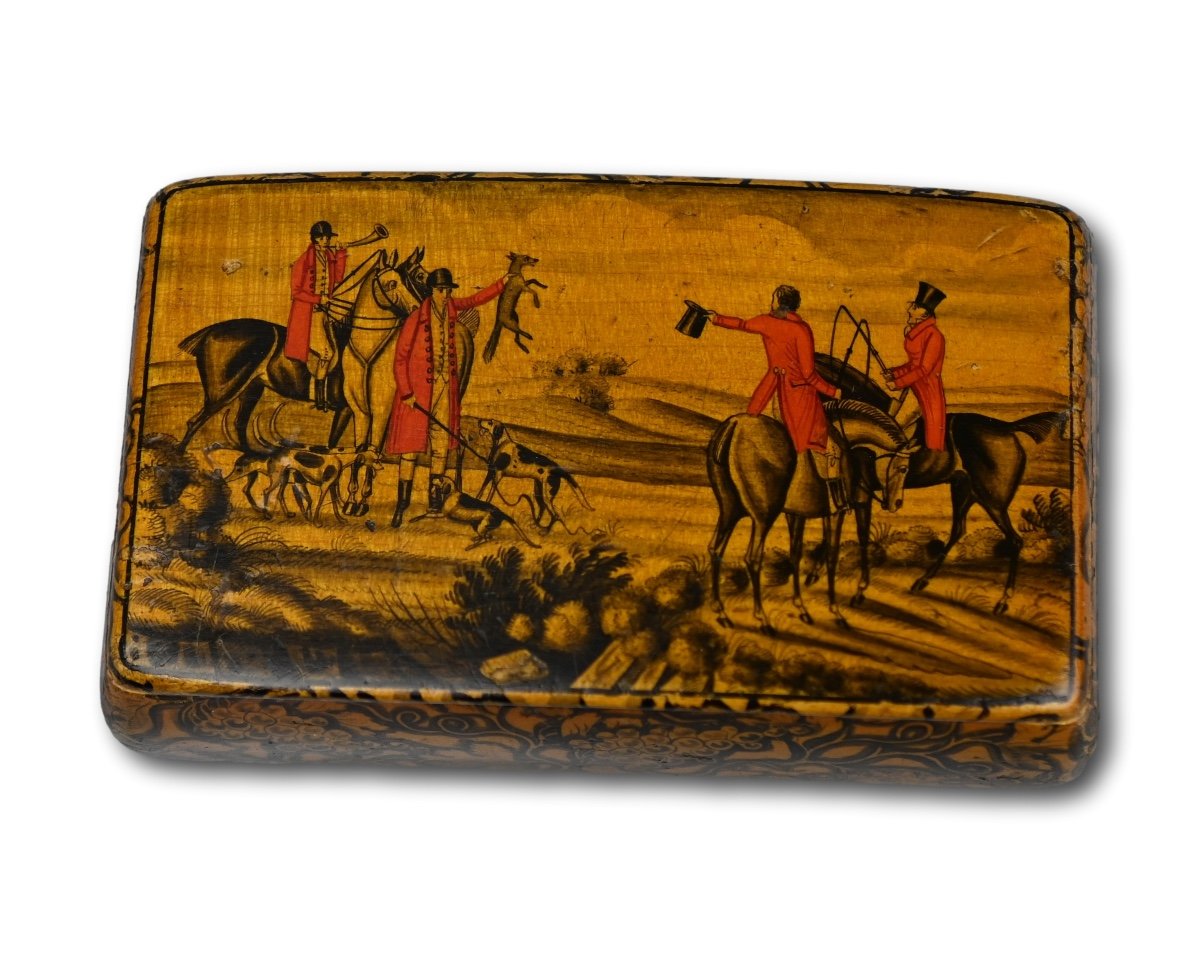 Pen-work Sycamore Snuff Box With A Fox Hunt. Mauchline, Scotland, 19th Century.-photo-2