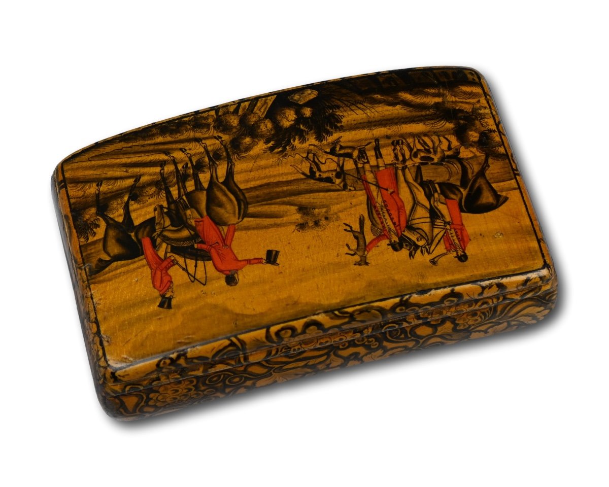 Pen-work Sycamore Snuff Box With A Fox Hunt. Mauchline, Scotland, 19th Century.-photo-2