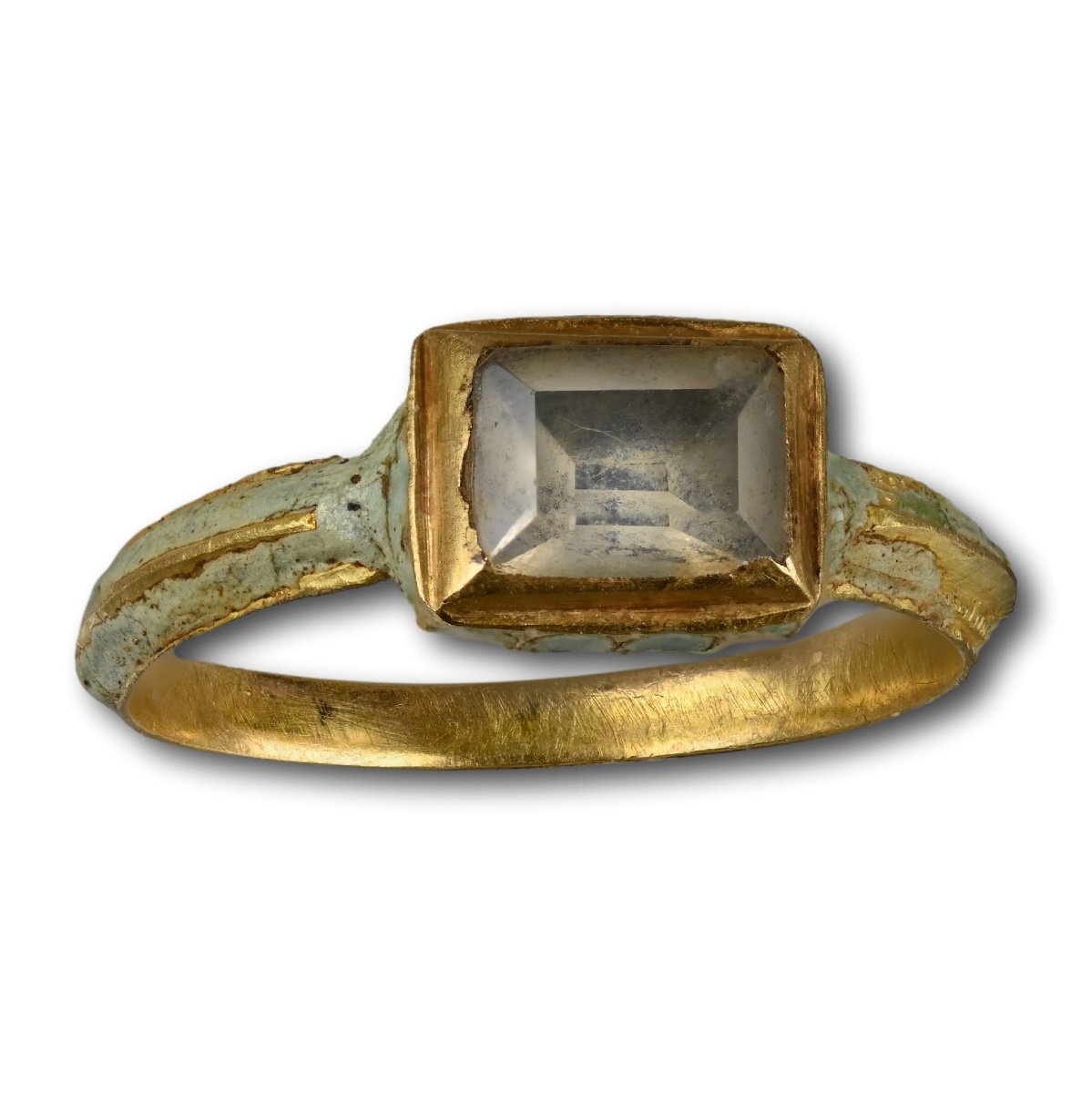 Enamel Gold Ring With A Table Cut Rock Crystal. English, Mid 17th Century. 