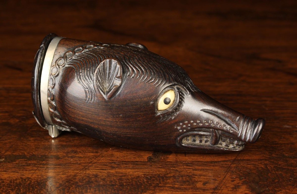 Silver And Lignum Snuff Box Of A Boars Head. English Or Scottish, 18th Century.-photo-2