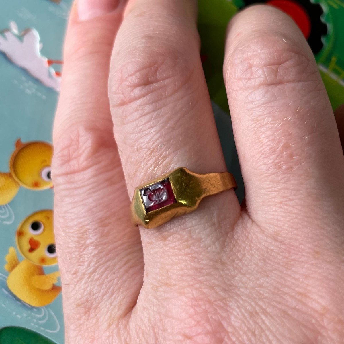 Ancient Gold Ring With A Garnet Intaglio Of A Duck. Roman, 1stc Bc - 1stc Ad. -photo-4