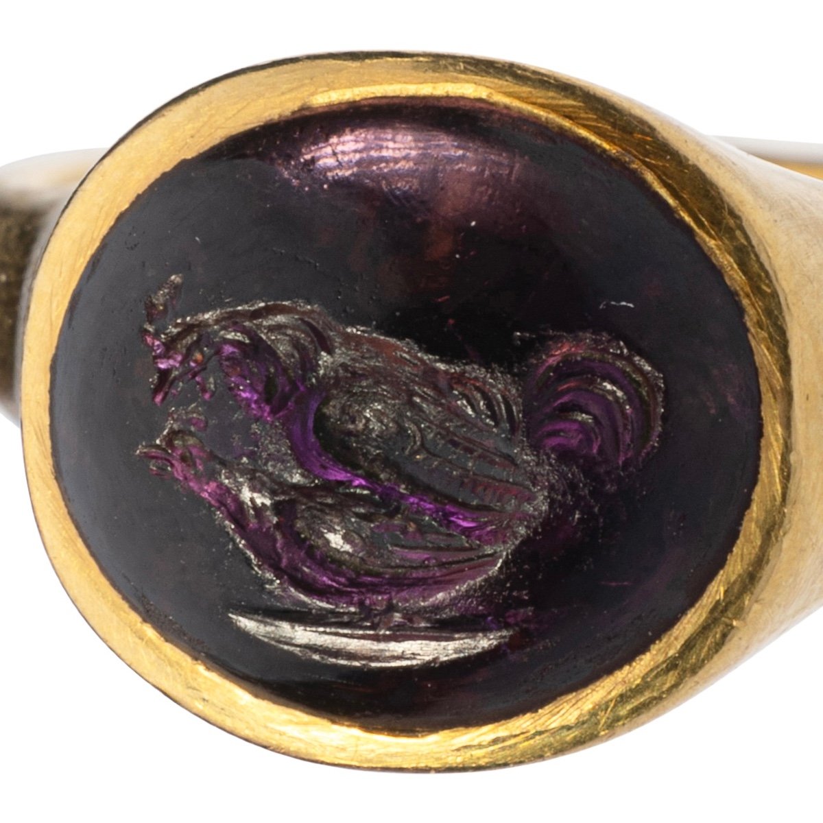 Ancient Ring With An Intaglio Of A Cock & Hen. Hellenistic, 2nd-1st Century Bc.-photo-2