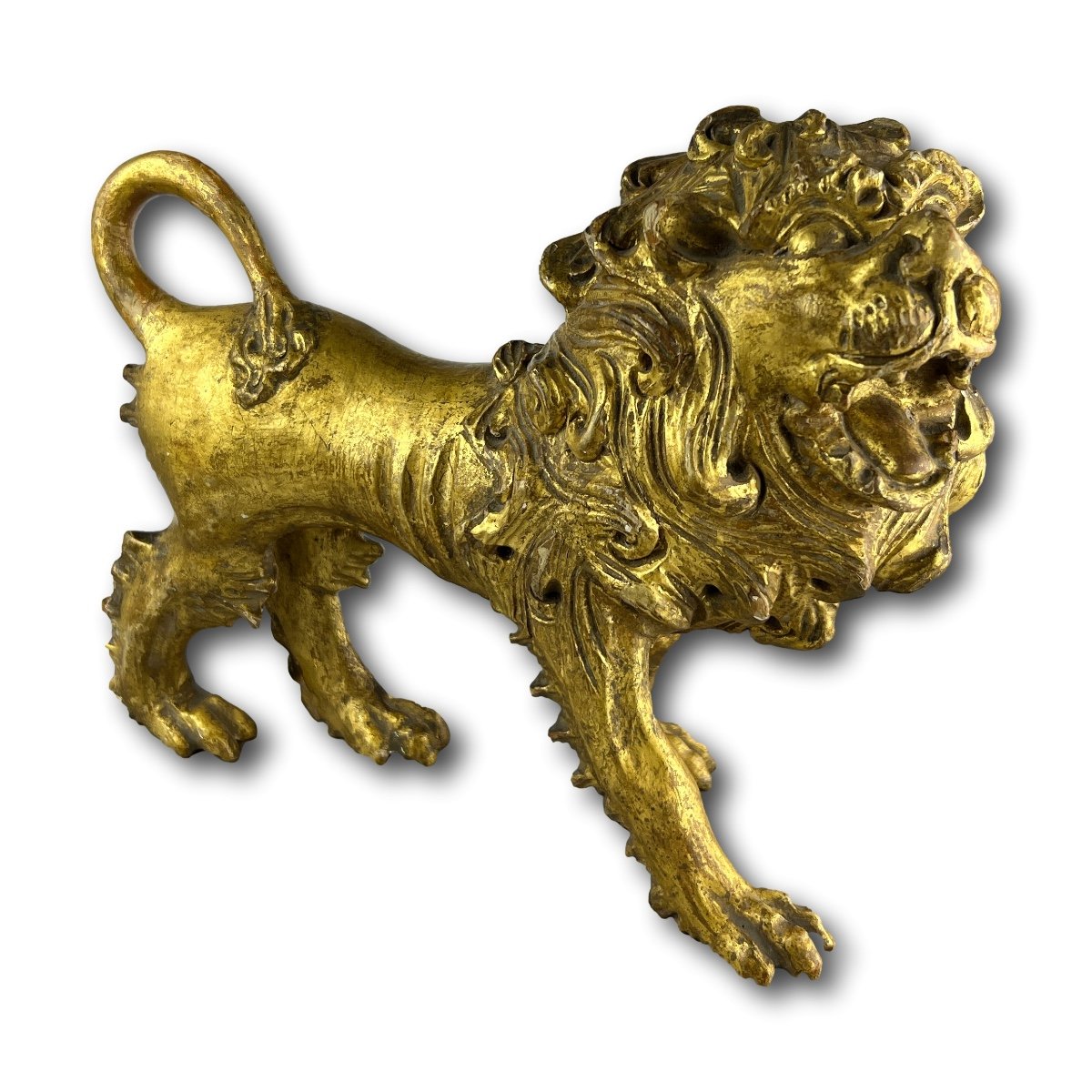 Baroque Gilt Wood Sculpture Of A Striding Lion. Tyrol, Italy, Mid 18th Century.