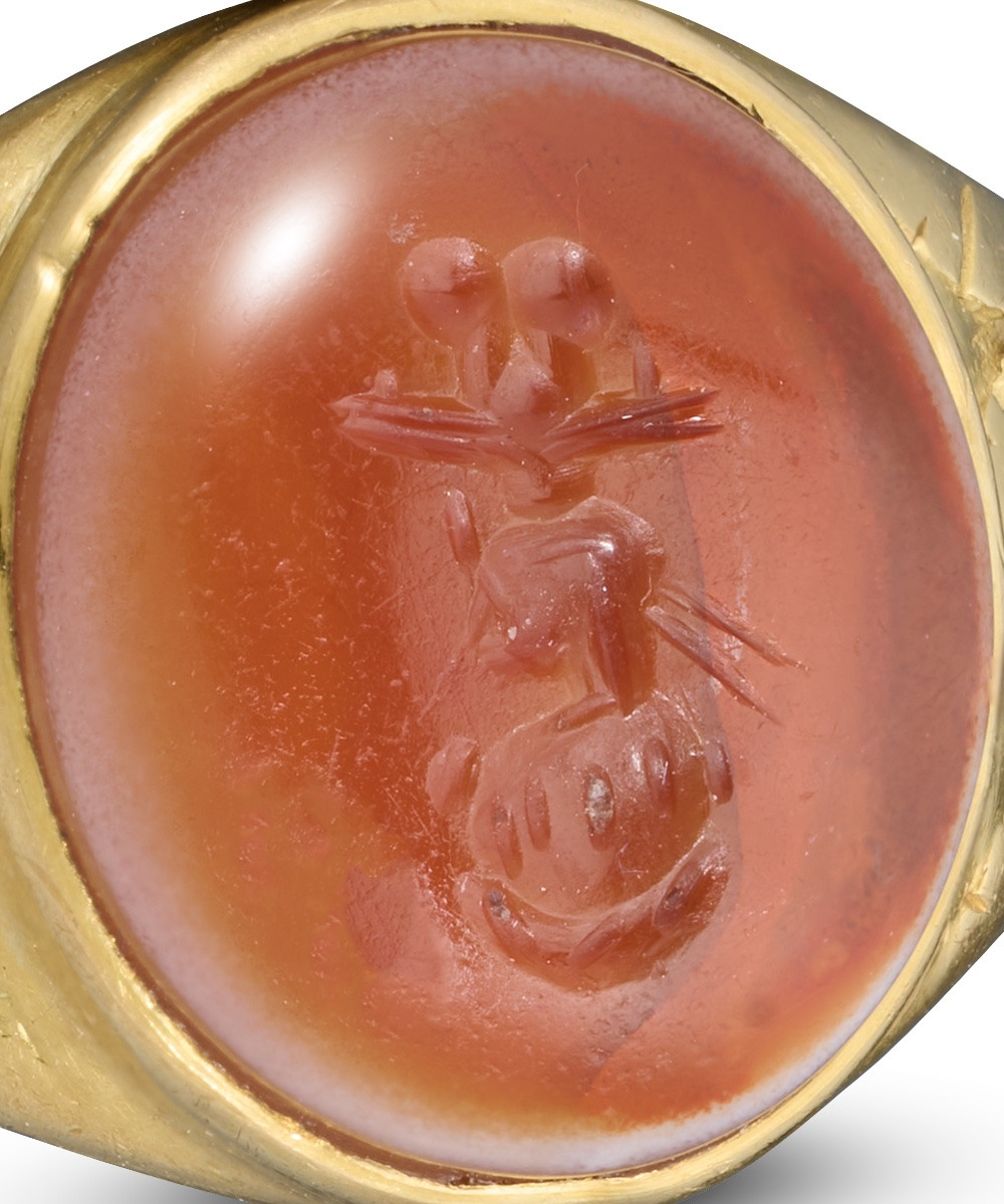 Gold Ring With An Ancient Intaglio Of Osiris-canopus. Roman, 1st-2nd Century Ad.-photo-2