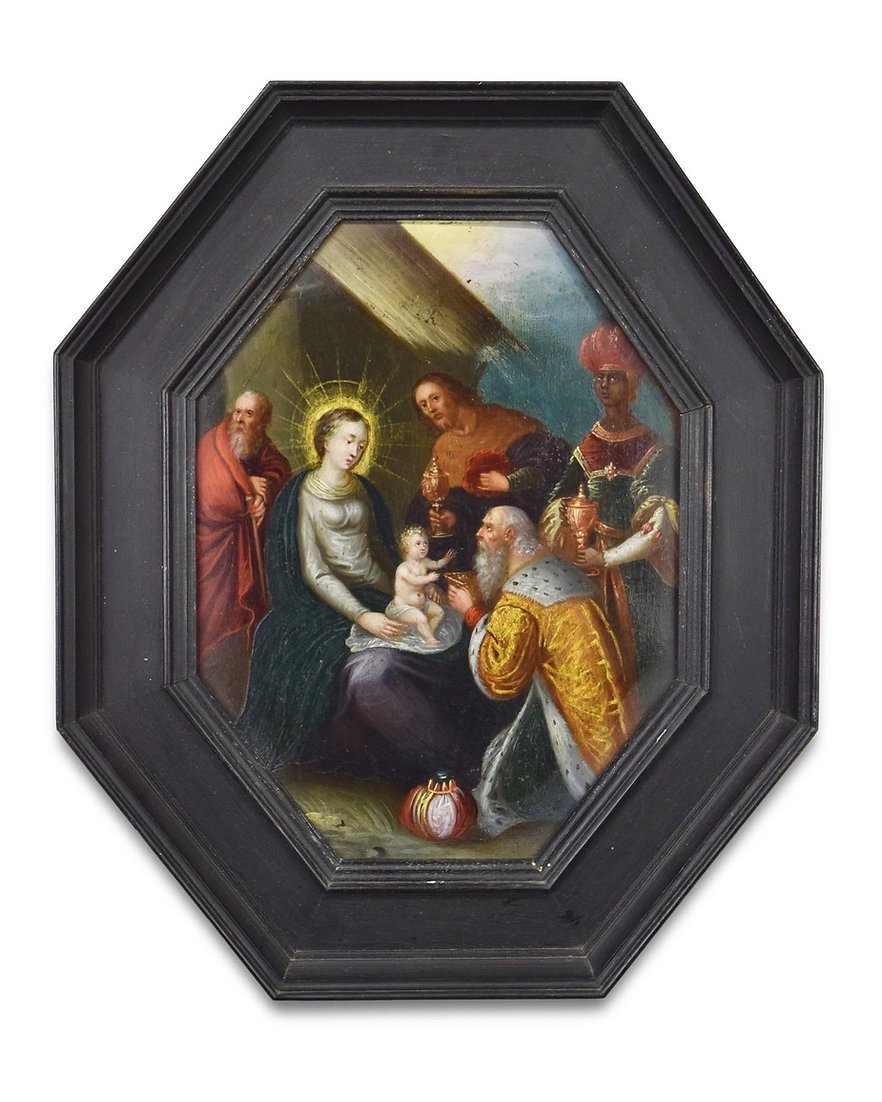 Oil Painting Of The Adoration Of The Magi. French, Mid-17th Century.