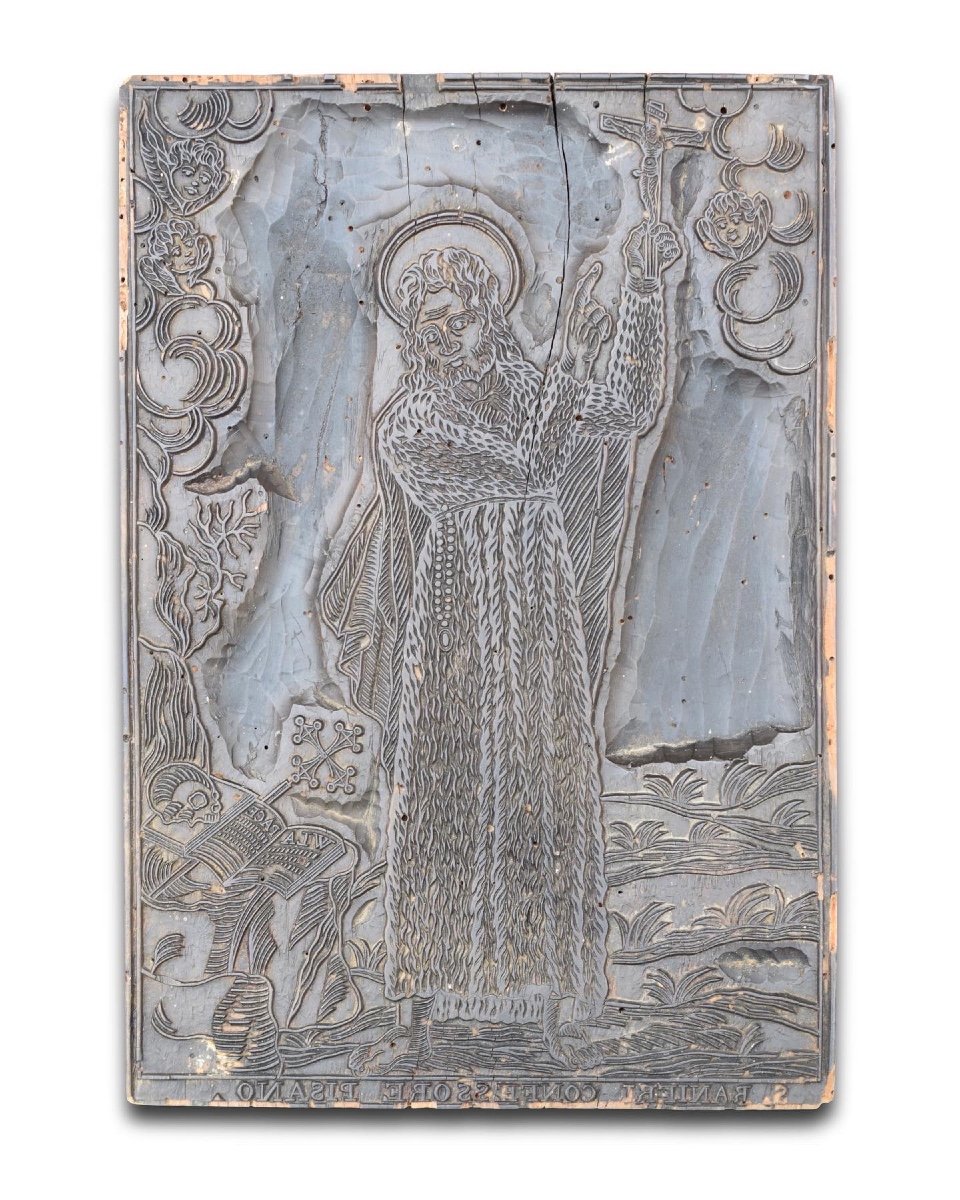 Large Wooden Printing Block With Saint Rainerius Of Pisa. Italian, 17th Century.