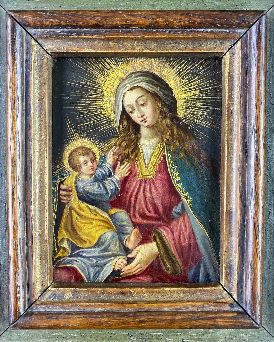 Cabinet Painting Of The Virgin & Child. Spanish, Mid-17th Century.-photo-2