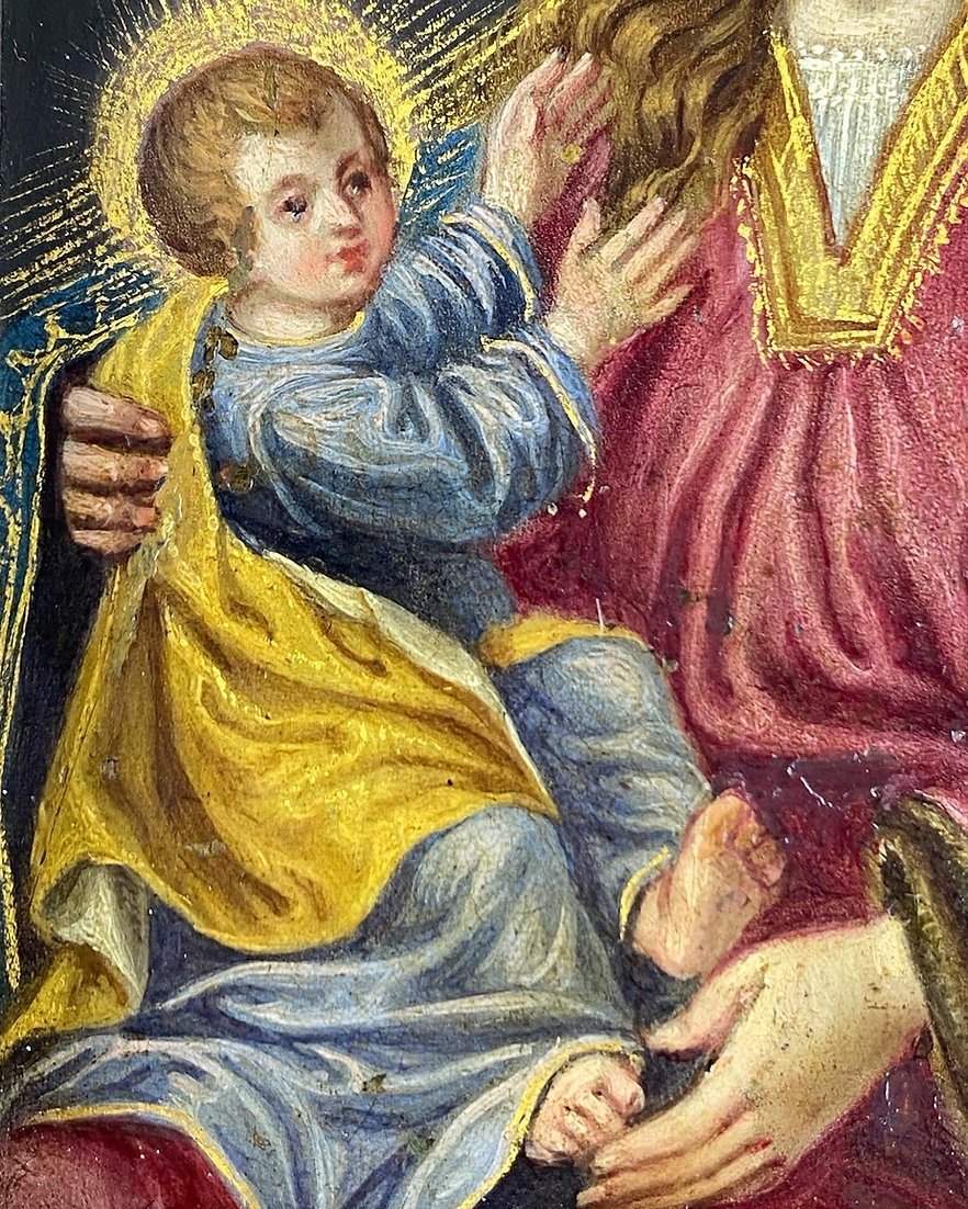 Cabinet Painting Of The Virgin & Child. Spanish, Mid-17th Century.-photo-3