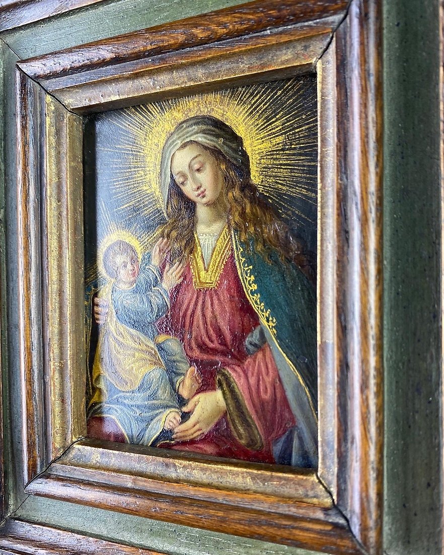 Cabinet Painting Of The Virgin & Child. Spanish, Mid-17th Century.-photo-2