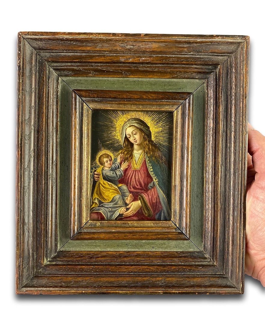 Cabinet Painting Of The Virgin & Child. Spanish, Mid-17th Century.-photo-4