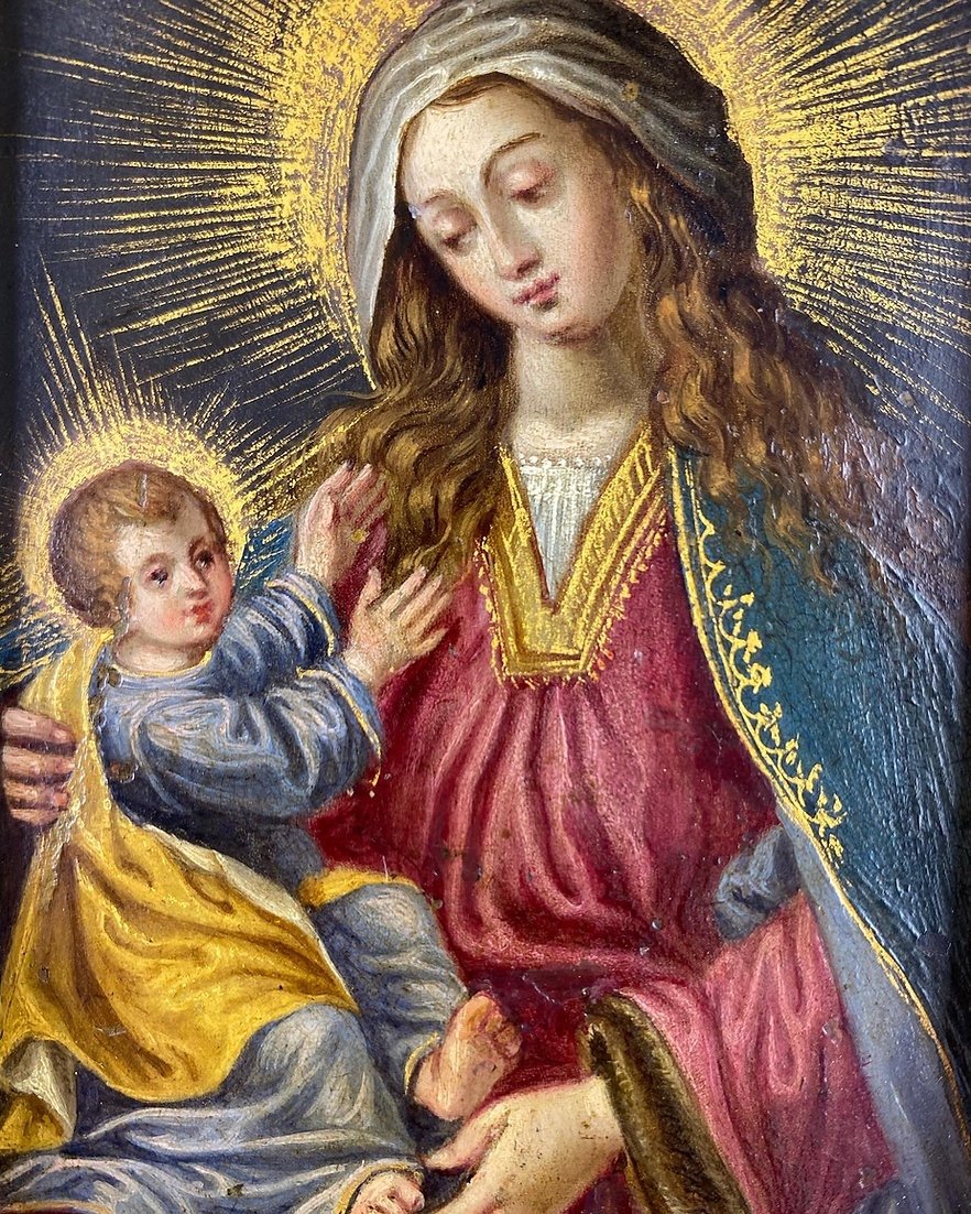 Cabinet Painting Of The Virgin & Child. Spanish, Mid-17th Century.-photo-5