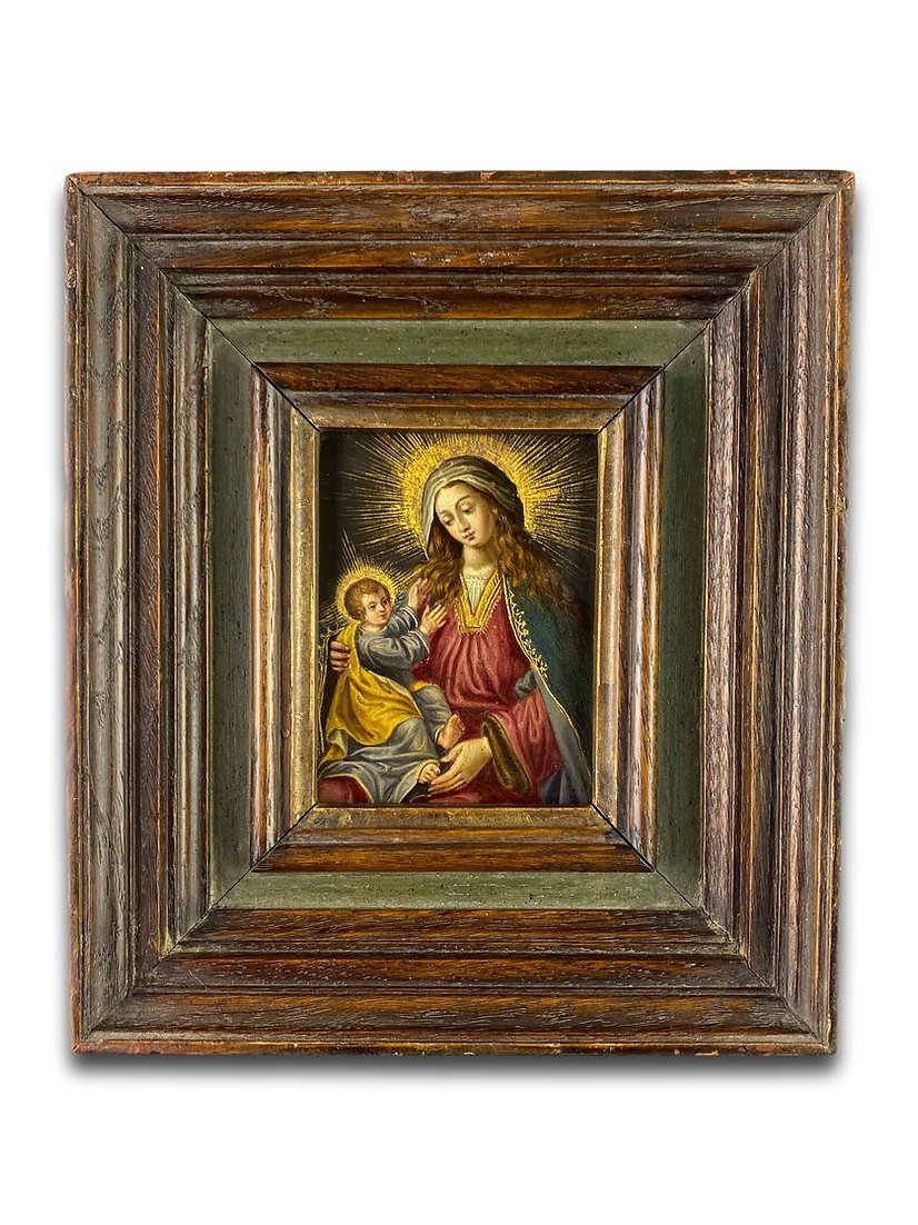 Cabinet Painting Of The Virgin & Child. Spanish, Mid-17th Century.