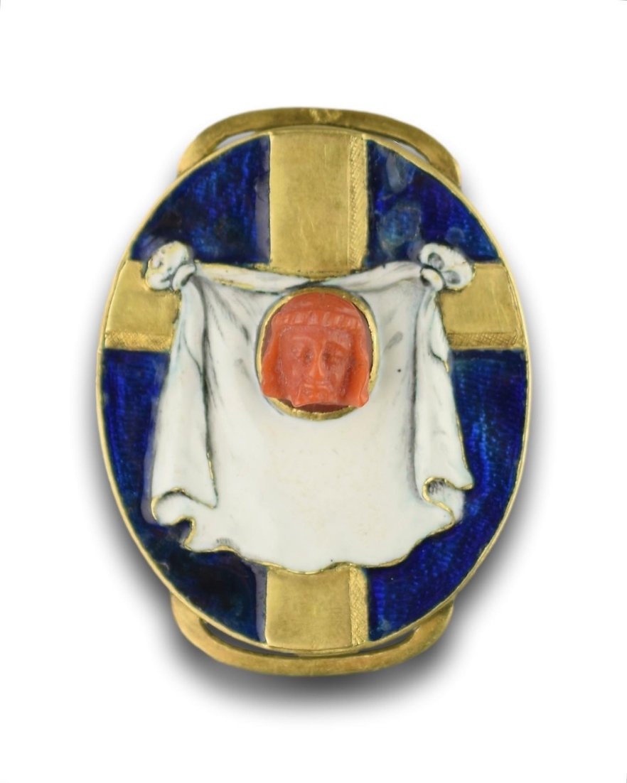 Enamelled Gold Slide Set With A Coral Cameo Of Christ. French, 17th Century.-photo-4